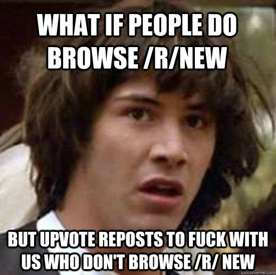 what if people do browse /r/new but upvote reposts to fuck with us who don't browse /r/ new  conspiracy keanu