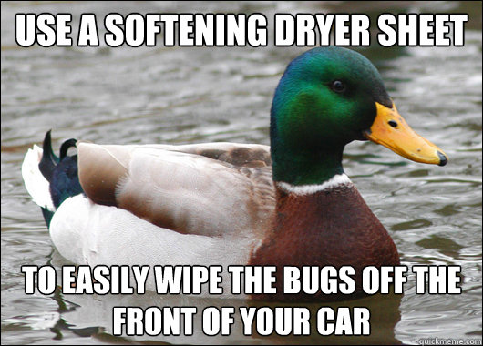 Use a softening dryer sheet To easily wipe the bugs off the front of your car - Use a softening dryer sheet To easily wipe the bugs off the front of your car  Actual Advice Mallard