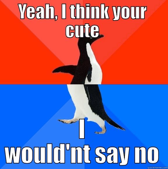 YEAH, I THINK YOUR CUTE I WOULDN'T SAY NO Socially Awesome Awkward Penguin