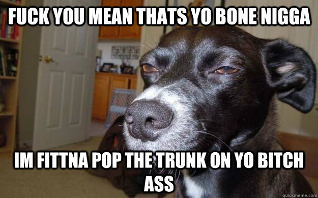 Fuck you mean thats yo bone nigga im fittna pop the trunk on yo bitch ass  Skeptical Mutt