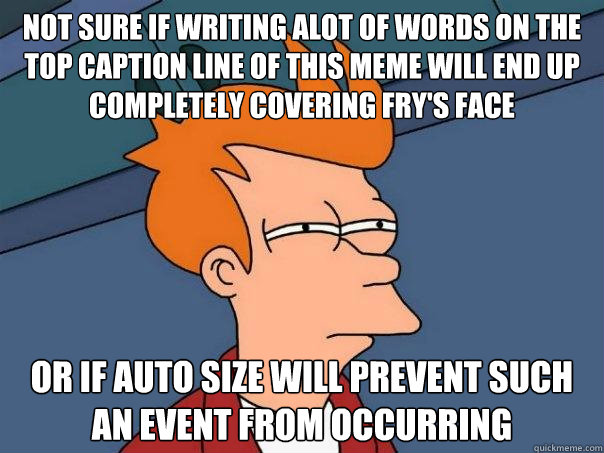 Not sure if writing alot of words on the top caption line of this meme will end up completely covering fry's face Or if auto size will prevent such an event from occurring   Futurama Fry