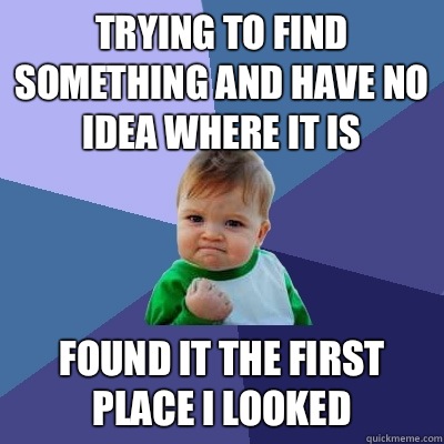 Trying to find something and have no idea where it is Found it the first place I looked  Success Kid