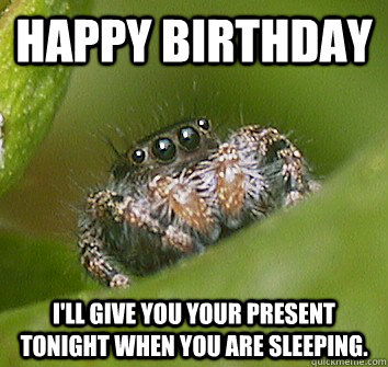 Happy birthday I'll give you your present tonight when you are sleeping.  Misunderstood Spider