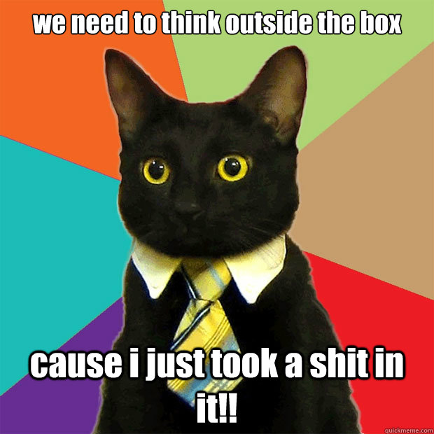 we need to think outside the box  cause i just took a shit in it!!  Business Cat