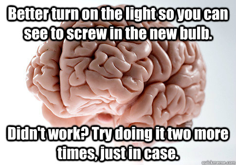 Better turn on the light so you can see to screw in the new bulb. Didn't work? Try doing it two more times, just in case.  Scumbag Brain