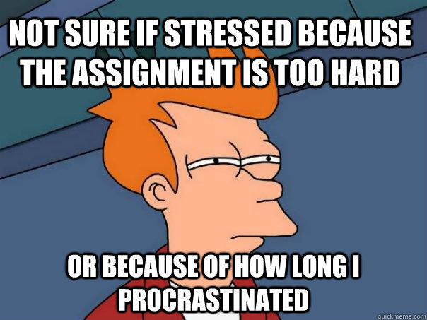 NOT SURE IF STRESSED BECAUSE THE ASSIGNMENT IS TOO HARD OR BECAUSE OF HOW LONG I PROCRASTINATED - NOT SURE IF STRESSED BECAUSE THE ASSIGNMENT IS TOO HARD OR BECAUSE OF HOW LONG I PROCRASTINATED  Futurama Fry