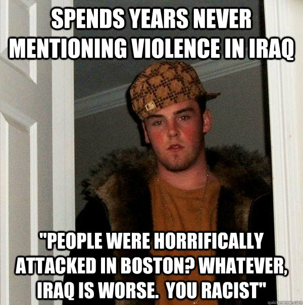 Spends years never mentioning violence in Iraq 