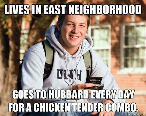 Lives in East Neighborhood Goes to Hubbard every day for a chicken tender combo.  College Freshman