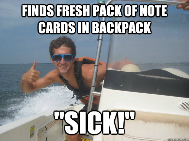 Finds fresh pack of note cards in backpack 