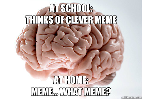 AT SCHOOL:
THINKS OF CLEVER MEME AT HOME:
MEME... WHAT MEME? - AT SCHOOL:
THINKS OF CLEVER MEME AT HOME:
MEME... WHAT MEME?  Scumbag Brain