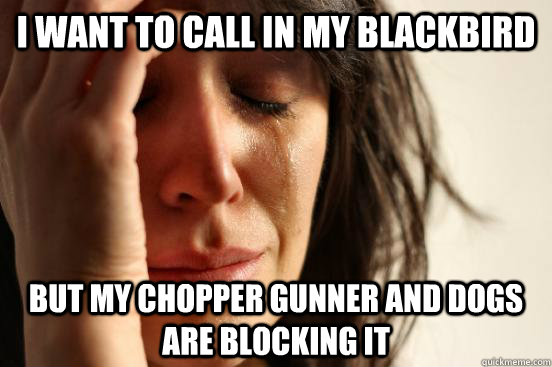 I want to call in my blackbird But my chopper gunner and dogs are blocking it  First World Problems