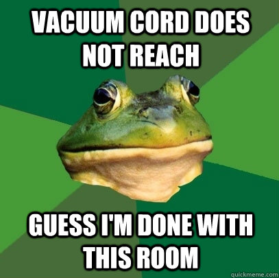 vacuum cord does not reach guess i'm done with this room - vacuum cord does not reach guess i'm done with this room  Foul Bachelor Frog