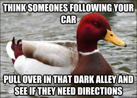 Think someones following your car Pull over in that dark alley and see if they need directions - Think someones following your car Pull over in that dark alley and see if they need directions  Malicious Advice Mallard