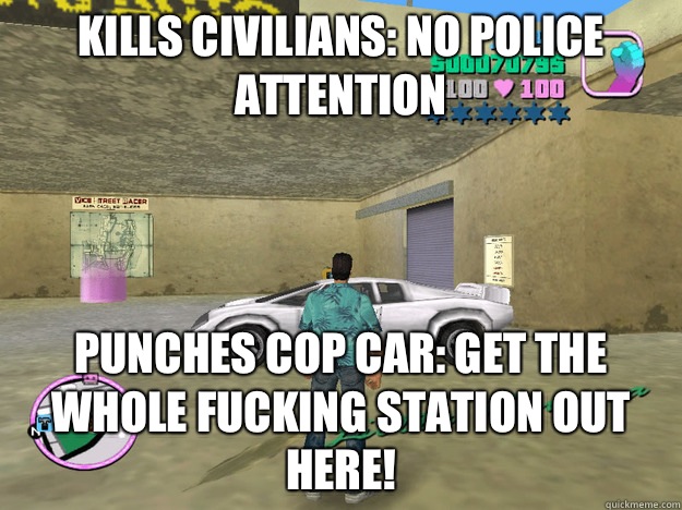 Kills civilians: no police attention Punches cop car: get the whole fucking station out here!  