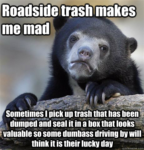 Roadside trash makes me mad Sometimes I pick up trash that has been dumped and seal it in a box that looks valuable so some dumbass driving by will think it is their lucky day   Confession Bear