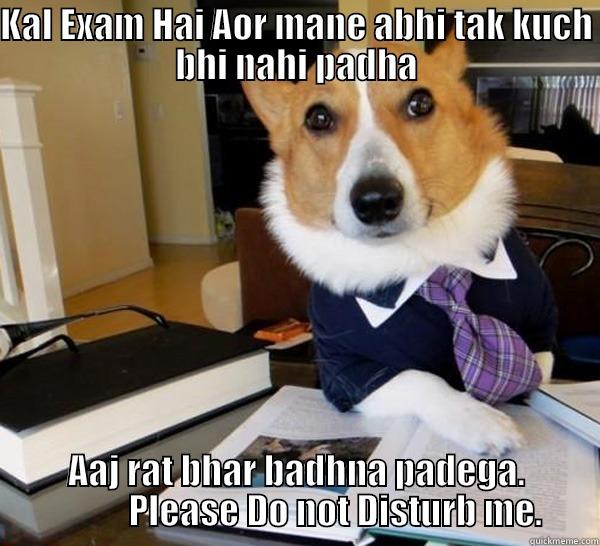 KAL EXAM HAI AOR MANE ABHI TAK KUCH BHI NAHI PADHA AAJ RAT BHAR BADHNA PADEGA.            PLEASE DO NOT DISTURB ME. Lawyer Dog