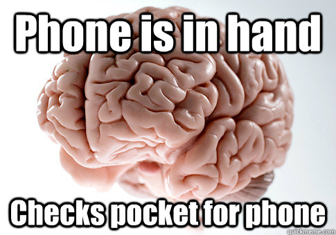 Phone is in hand  Checks pocket for phone  Scumbag Brain