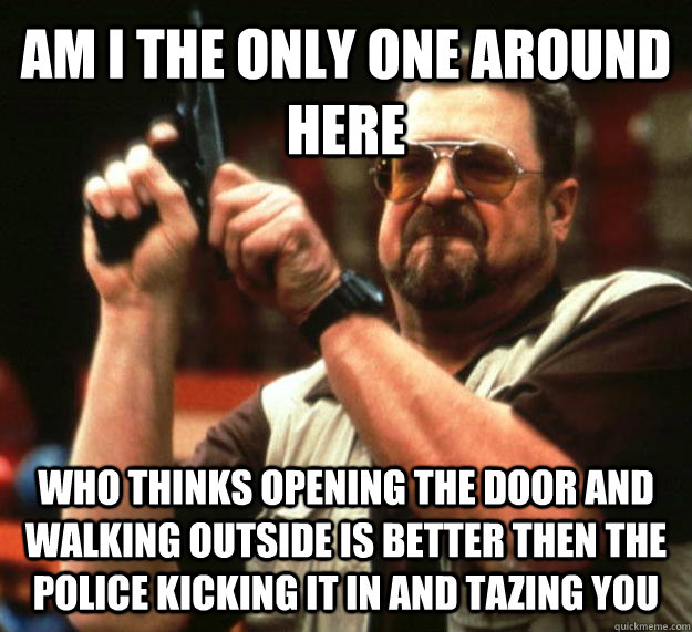 AM I THE ONLY ONE AROUND HERE who thinks opening the door and walking outside is better then the police kicking it in and tazing you  Angry Walter