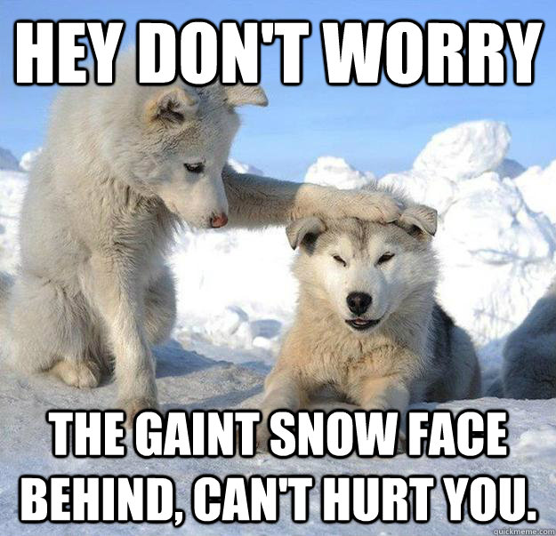 Hey don't worry The gaint snow face behind, can't hurt you.  Caring Husky