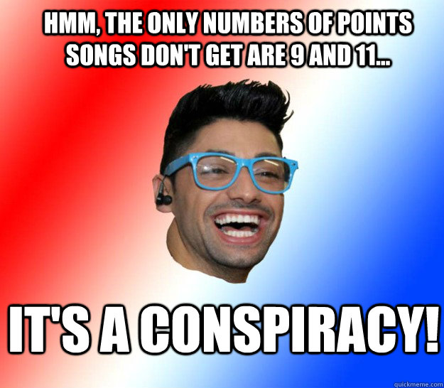 Hmm, the only numbers of points songs don't get are 9 and 11... it's a conspiracy!  Stupid Eurovision Fan