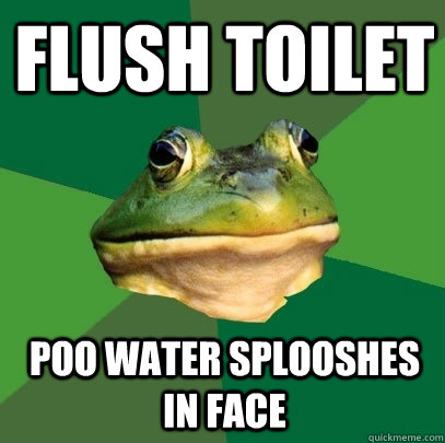 Flush toilet Poo water splooshes in face - Flush toilet Poo water splooshes in face  Foul Bachelor Frog