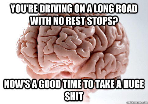 You're driving on a long road with no rest stops? now's a good time to take a huge shit  Scumbag Brain