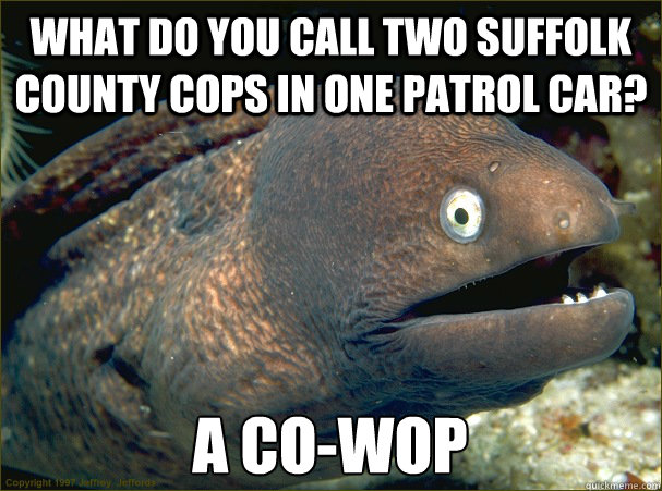 What do you call two Suffolk County cops in one patrol car? A co-wop  Bad Joke Eel