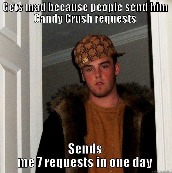 douche candy crusher - GETS MAD BECAUSE PEOPLE SEND HIM CANDY CRUSH REQUESTS SENDS ME 7 REQUESTS IN ONE DAY Scumbag Steve