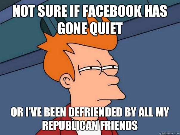 not sure if Facebook has gone quiet or I've been defriended by all my republican friends - not sure if Facebook has gone quiet or I've been defriended by all my republican friends  Futurama Fry