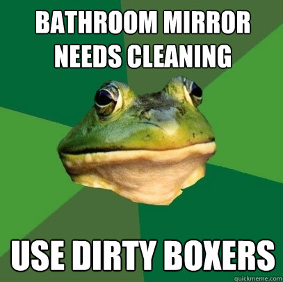 Bathroom Mirror needs cleaning use dirty boxers  Foul Bachelor Frog