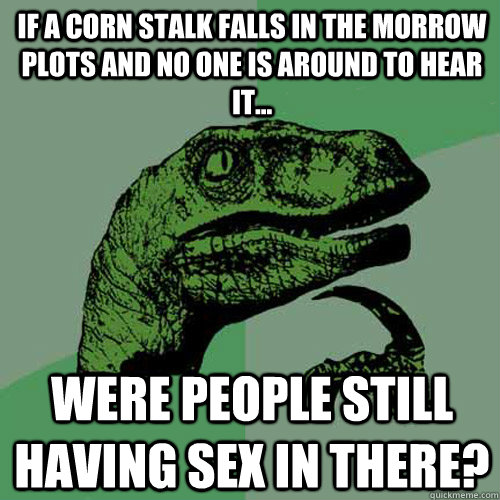 If a corn stalk falls in the morrow plots and no one is around to hear it... Were people still having sex in there?  Philosoraptor