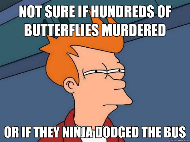 Not sure if hundreds of butterflies murdered Or if they ninja dodged the bus - Not sure if hundreds of butterflies murdered Or if they ninja dodged the bus  Futurama Fry