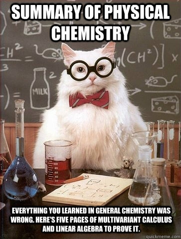 SUMMARY OF PHYSICAL CHEMISTRY EVERYTHING YOU LEARNED IN GENERAL CHEMISTRY WAS WRONG. HERE'S FIVE PAGES OF MULTIVARIANT CALCULUS AND LINEAR ALGEBRA TO PROVE IT.  Chemistry Cat