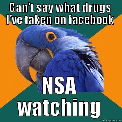 Discussing illegal stuff - CAN'T SAY WHAT DRUGS I'VE TAKEN ON FACEBOOK NSA WATCHING Paranoid Parrot