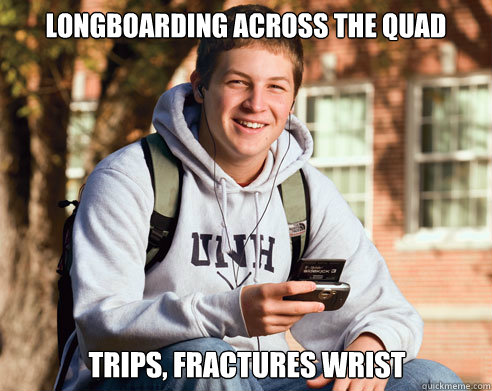 longboarding across the quad trips, fractures wrist  College Freshman