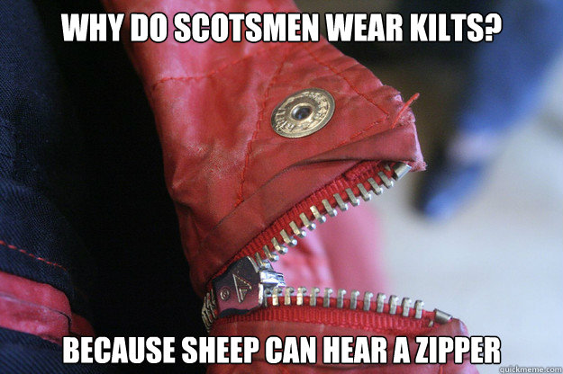 Why do Scotsmen wear kilts? Because sheep can hear a zipper - Why do Scotsmen wear kilts? Because sheep can hear a zipper  Bad Joke Zipper