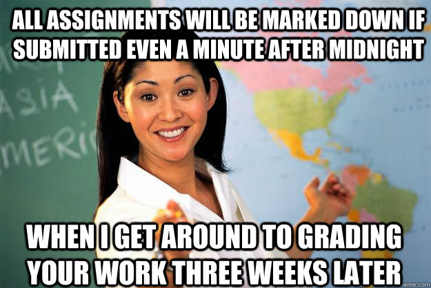 All assignments will be marked down if submitted even a minute after midnight When I get around to grading your work three weeks later  Unhelpful High School Teacher