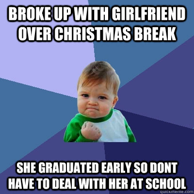 Broke up with girlfriend over Christmas break She graduated early so dont have to deal with her at school  Success Kid