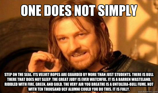 One Does Not Simply Step on the SEAL. Its Velvet ropes are guarded by more than just Students. There is Bull there that does not sleep. The great Judy is ever watchful. It is a barren wasteland, riddled with fire, green, and gold. The very air you breathe  Boromir