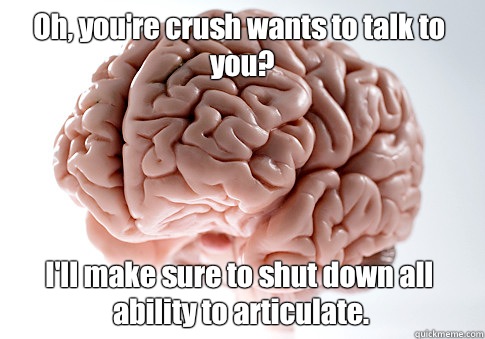 Oh, you're crush wants to talk to you? I'll make sure to shut down all ability to articulate.  - Oh, you're crush wants to talk to you? I'll make sure to shut down all ability to articulate.   Scumbag Brain