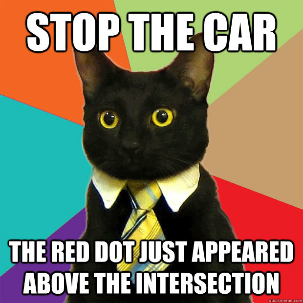 Stop the car the red dot just appeared above the intersection  Business Cat