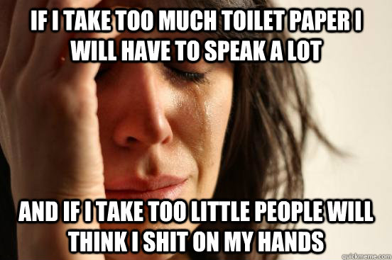 If i take too much toilet paper i will have to speak a lot and if i take too little people will think i shit on my hands  First World Problems