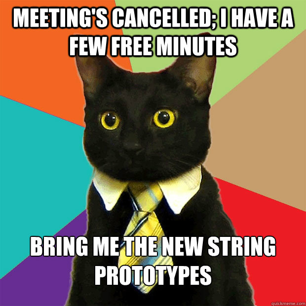 Meeting's cancelled; I have a few free minutes Bring me the new string prototypes - Meeting's cancelled; I have a few free minutes Bring me the new string prototypes  Business Cat