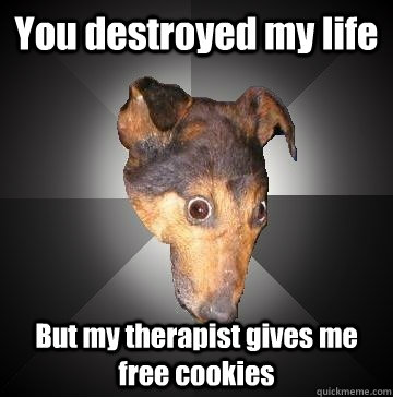 You destroyed my life But my therapist gives me free cookies  Depression Dog