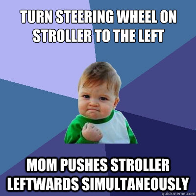 turn steering wheel on stroller to the left mom pushes stroller leftwards simultaneously  - turn steering wheel on stroller to the left mom pushes stroller leftwards simultaneously   Success Kid