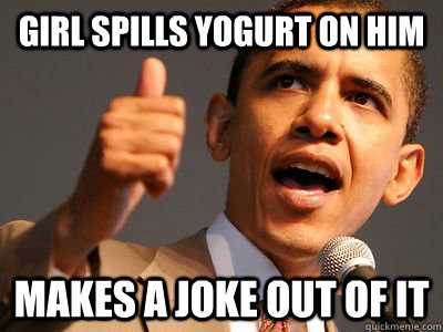 Girl spills yogurt on him makes a joke out of it - Girl spills yogurt on him makes a joke out of it  Misc