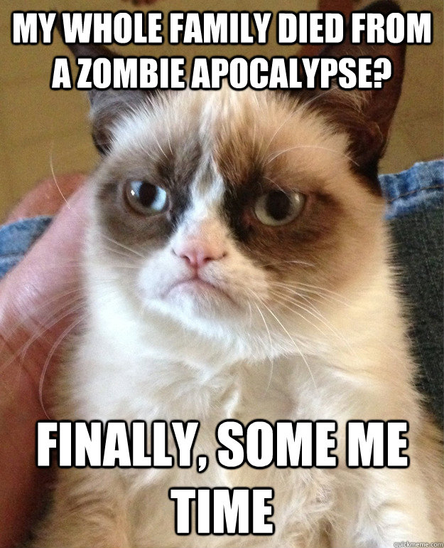 My whole family died from a zombie apocalypse? FINALLY, SOME ME TIME  Grumpy Cat