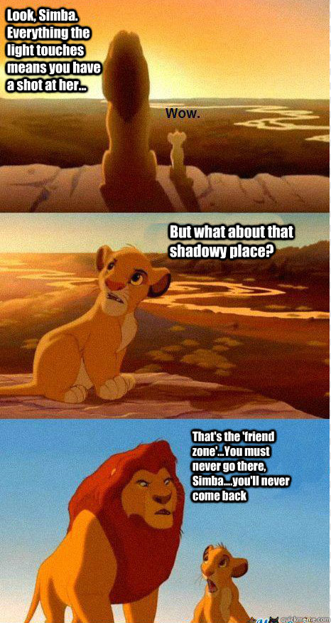 Look, Simba. Everything the light touches means you have a shot at her... But what about that shadowy place? That's the 'friend zone'...You must never go there, Simba....you'll never come back  Mufasa and Simba