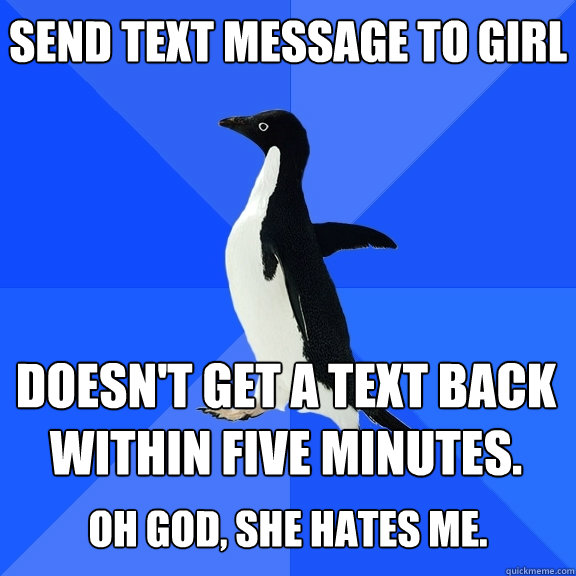 Send text message to girl Doesn't get a text back within five minutes.  OH GOD, SHE HATES ME. - Send text message to girl Doesn't get a text back within five minutes.  OH GOD, SHE HATES ME.  Socially Awkward Penguin