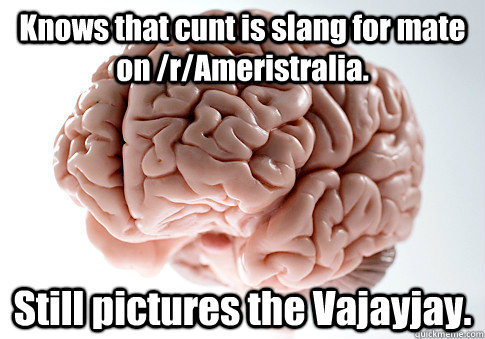 Knows that cunt is slang for mate on /r/Ameristralia. Still pictures the Vajayjay.  Scumbag Brain